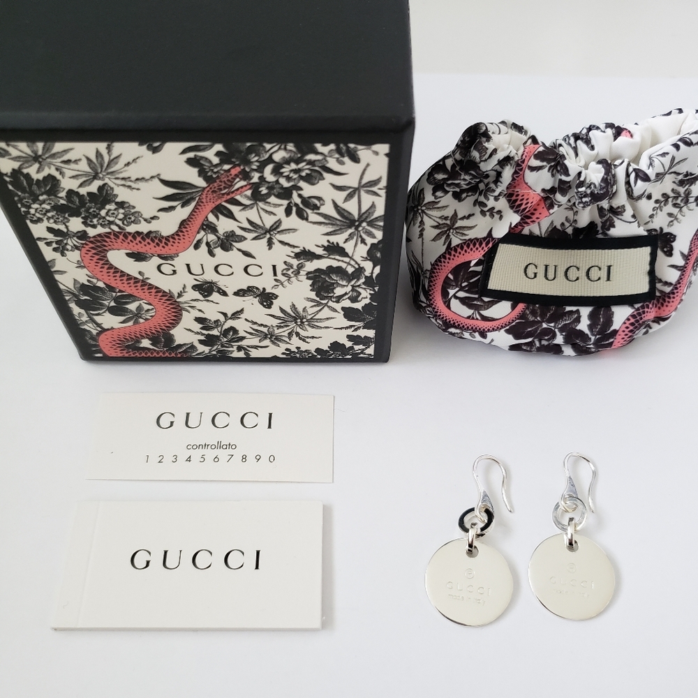 GUCCI Sterling Silver Trademark Round Drop Earrings